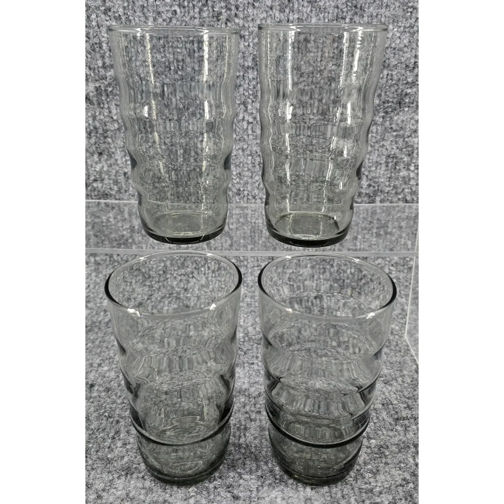 Vtg Set of 4 Smoke Gray Glass‎ Tumbler 5 in Rippled Beehive Wavy Juice Sized